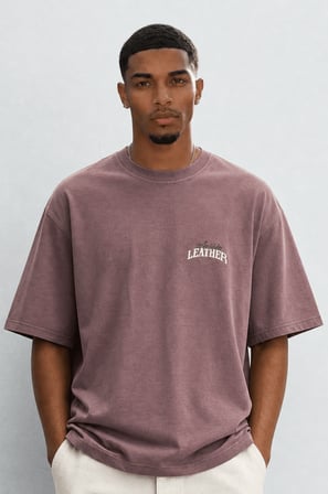 Erkek Leather Baskılı Oversize T-Shirt Kahve
