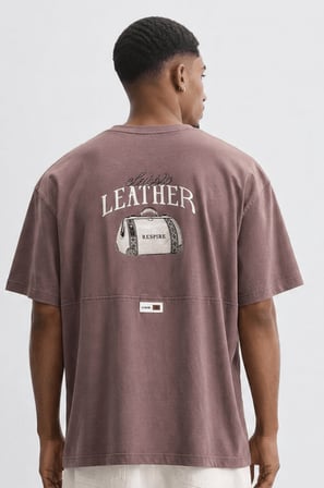Erkek Leather Baskılı Oversize T-Shirt Kahve