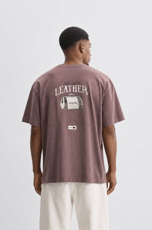 Erkek Leather Baskılı Oversize T-Shirt Kahve