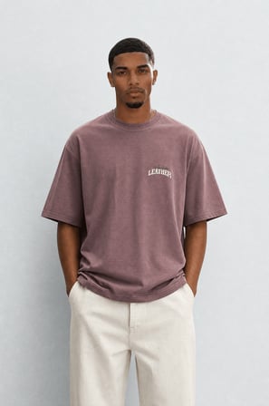 Erkek Leather Baskılı Oversize T-Shirt Kahve