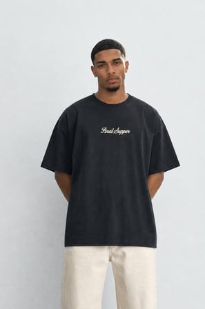 Erkek Final Supper Nakışlı Oversize T-Shirt Siyah