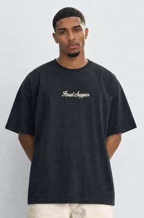Erkek Final Supper Nakışlı Oversize T-Shirt Siyah