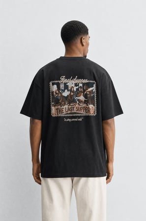 Erkek Final Supper Nakışlı Oversize T-Shirt Siyah