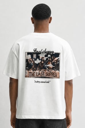 Erkek Final Supper Nakışlı Oversize T-Shirt Ekru