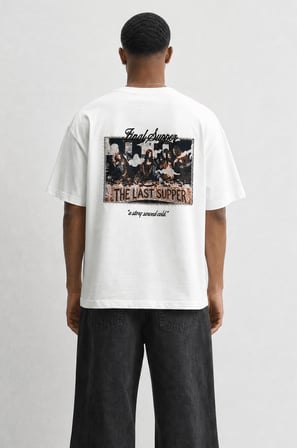 Erkek Final Supper Nakışlı Oversize T-Shirt Ekru