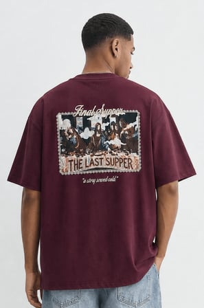 Erkek Final Supper Nakışlı Oversize T-Shirt Bordo