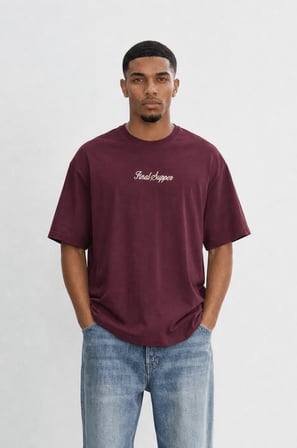 Erkek Final Supper Nakışlı Oversize T-Shirt Bordo