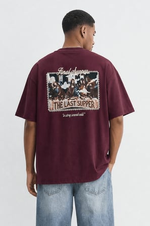 Erkek Final Supper Nakışlı Oversize T-Shirt Bordo