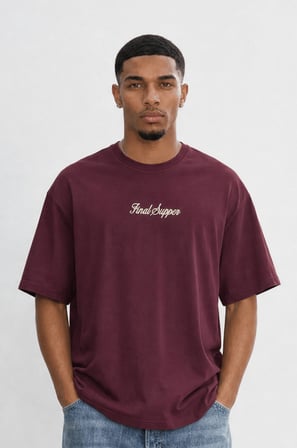 Erkek Final Supper Nakışlı Oversize T-Shirt Bordo