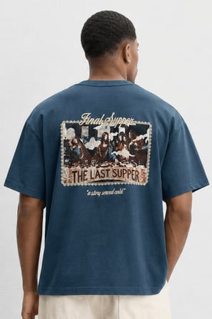 Erkek Final Supper Nakışlı Oversize T-Shirt Petrol