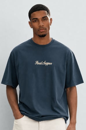 Erkek Final Supper Nakışlı Oversize T-Shirt Petrol