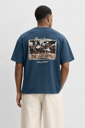 Erkek Final Supper Nakışlı Oversize T-Shirt Petrol