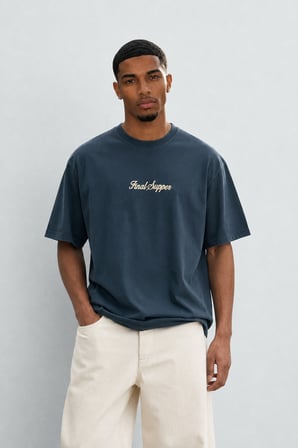 Erkek Final Supper Nakışlı Oversize T-Shirt Petrol