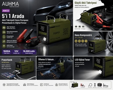 Auhma A8833 Haki 16.000 mAh 5'i 1 Arada Akü Takviye Cihazı Şarjlı Hava Kompresörü Powerbank Vakum Üfleme Dijital Fener