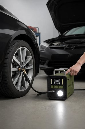 Auhma A8833 Haki 16.000 mAh 5'i 1 Arada Akü Takviye Cihazı Şarjlı Hava Kompresörü Powerbank Vakum Üfleme Dijital Fener