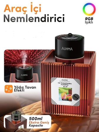 Auhma AF-09 Araç İçi Hava Nemlendirici & Koku Makinesi En Counter Esansı – 500ml Aromaterapi Difüzör + RGB Işıklı