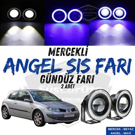 Renault Megane 2 2003-2008 Uyumlu Üniversal Mercekli Angel Sis Farı Metal Su Geçirmez 76 mm Mavi Halkalı Gündüz Farı Angel Eyes 2 Adet