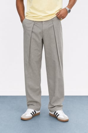 Erkek Derin Pileli Kumaş Baggy Pantolon Gri