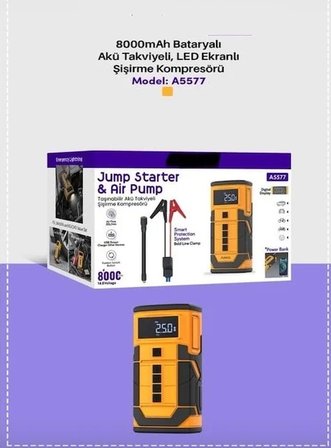 Auhma A5577 4'ü 1 Arada Akü Takviyeli Şarjlı Hava Pompası 8.000 Mah| Powerbank & Dijital Fener