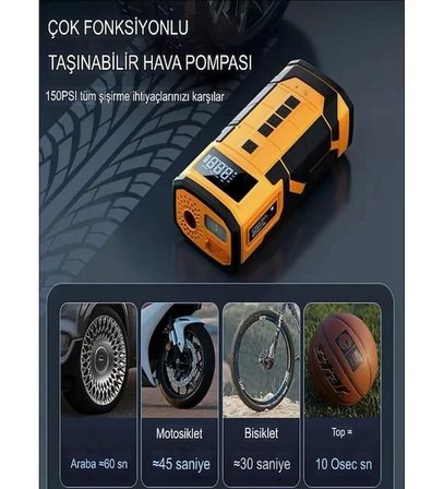 Auhma A5577 4'ü 1 Arada Akü Takviyeli Şarjlı Hava Pompası 8.000 Mah| Powerbank & Dijital Fener