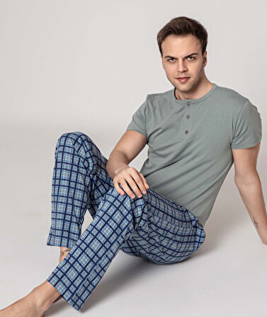 Erkek Ekose Desen 3 Düğmeli Bisiklet Yaka Modal Yazlık Kısa Kol Cepli Pijama Takımı