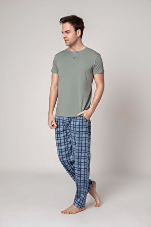 Erkek Ekose Desen 3 Düğmeli Bisiklet Yaka Modal Yazlık Kısa Kol Cepli Pijama Takımı