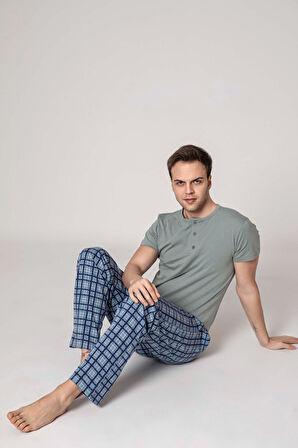 Erkek Ekose Desen 3 Düğmeli Bisiklet Yaka Modal Yazlık Kısa Kol Cepli Pijama Takımı