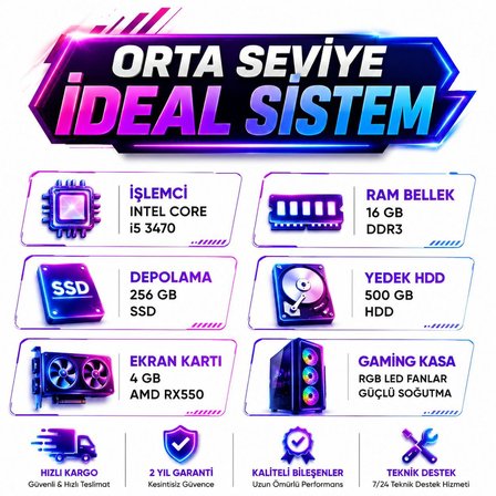 DAGMOR İ5 3470 16 GB RAM 256GB NVME M2 +500GB DEPOLAMA 4GB VGA RX550 PC KASA