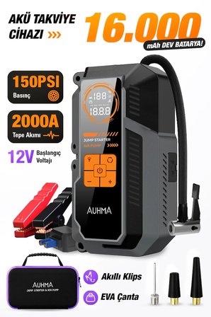 Auhma A9944 16.000 mAh Akü Takviye Cihazı Şarjlı Hava Kompresörü 150 PSI Lastik Şişirme Pompası Powerbank