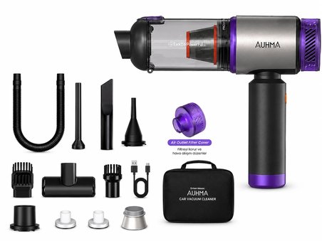 AUHMA AHV-27 22.000Pa Kablosuz Araç İçi El Süpürgesi 220W Güçlü Motor 9.000mAh Şarjlı Hava Üfleyici Araç & Ev Temizlik Süpürgesi Mor