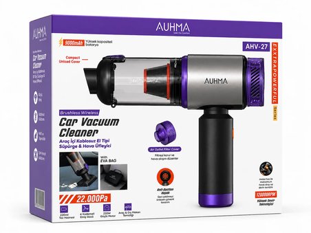AUHMA AHV-27 22.000Pa Kablosuz Araç İçi El Süpürgesi 220W Güçlü Motor 9.000mAh Şarjlı Hava Üfleyici Araç & Ev Temizlik Süpürgesi Mor