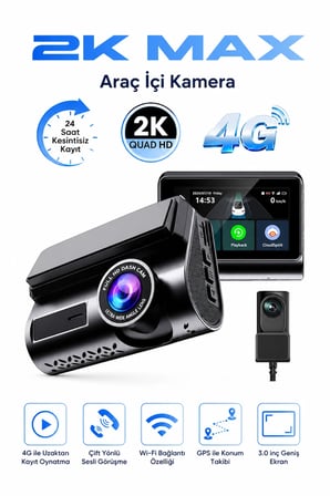 Bagajon 2K Max Araç İçi Kamera 4G Çift Kameralı WiFi GPS Uzaktan Canlı İzleme Gece Görüşlü G-Sensör 24 Saat Park Modu