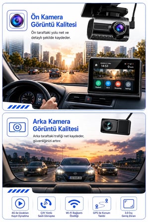 Bagajon 2K Max Araç İçi Kamera 4G Çift Kameralı WiFi GPS Uzaktan Canlı İzleme Gece Görüşlü G-Sensör 24 Saat Park Modu