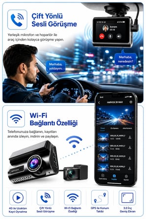Bagajon 2K Max Araç İçi Kamera 4G Çift Kameralı WiFi GPS Uzaktan Canlı İzleme Gece Görüşlü G-Sensör 24 Saat Park Modu