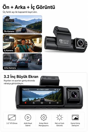 Bagajon 3 Kameralı Yapay Zekâ Destekli 4K Araç İçi Kamera | Ön İç Arka Kamera WiFi GPS ADAS 24 Saat Park Modu Gece Görüşlü