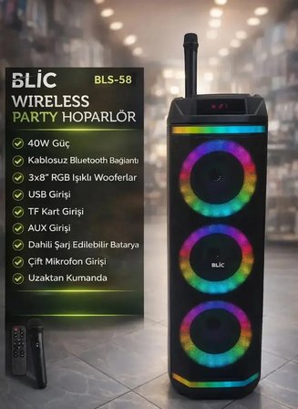 BLIC BLS-58 40W Karaoke Hoparlör Kablosuz Mikrofonlu Bluetooth 5.4 Taşınabilir Ses Sistemi RGB LED Uzaktan Kumandalı
