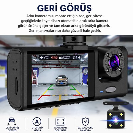 Bagajon C309 3 Kameralı Araç İçi Kamera Full HD 1080P Ön İç Arka Kamera Gece Görüşlü 150° Geniş Açı G-Sensör Döngü Kayıt Dash Cam