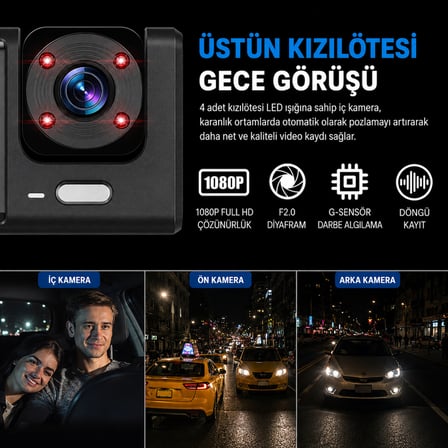 Bagajon C309 3 Kameralı Araç İçi Kamera Full HD 1080P Ön İç Arka Kamera Gece Görüşlü 150° Geniş Açı G-Sensör Döngü Kayıt Dash Cam