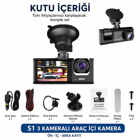 Bagajon C309 3 Kameralı Araç İçi Kamera Full HD 1080P Ön İç Arka Kamera Gece Görüşlü 150° Geniş Açı G-Sensör Döngü Kayıt Dash Cam