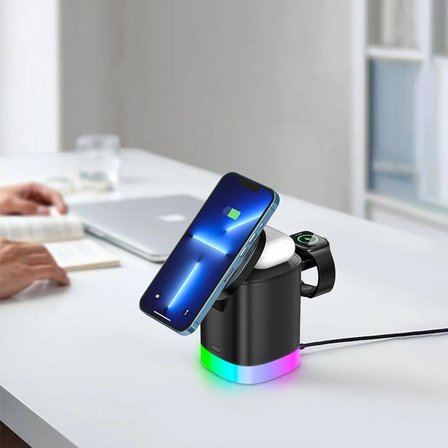 Bagajon 3'ü 1 Arada MagSafe Kablosuz Şarj Standı 15W RGB Işıklı Telefon, Apple Watch ve Kulaklık Şarj İstasyonu