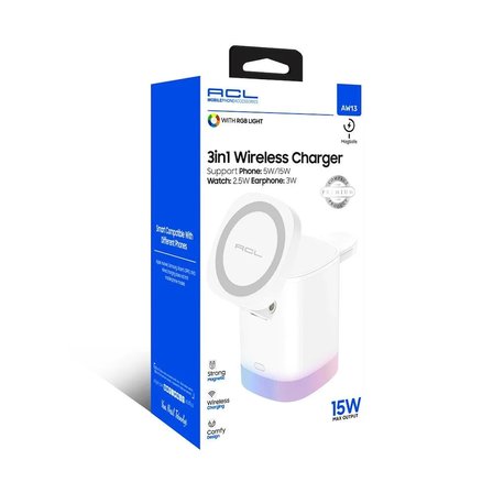 Bagajon 3'ü 1 Arada MagSafe Kablosuz Şarj Standı 15W RGB Işıklı Telefon, Apple Watch ve Kulaklık Şarj İstasyonu