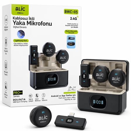 BWC-05 Kablosuz İkili Yaka Mikrofonu Lightning Girişli Dijital Ekranlı 2.4G Canlı Yayın ve Video Kayıt Mikrofonu