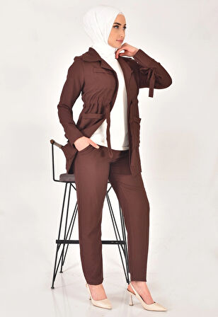 Lina Kumaş Keten Görünümlü Beli Büzgü Detaylı Üç Parça Tesettür Takım