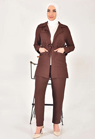 Lina Kumaş Keten Görünümlü Beli Büzgü Detaylı Üç Parça Tesettür Takım