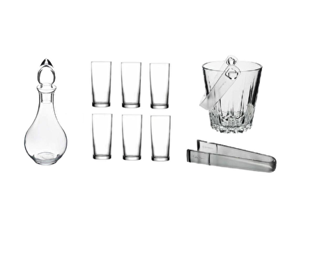 Paşabahçe rakı bardak ve 9 prç. rakı bardağı ve buz kovası seti su şişeli 