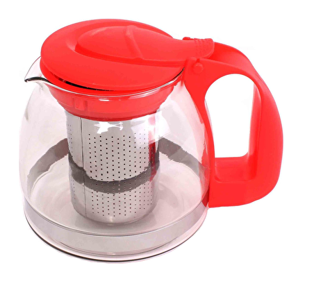 Tea pot çaydanlık demliği - süzgeçli cam demlik 700 ml.kırmızı