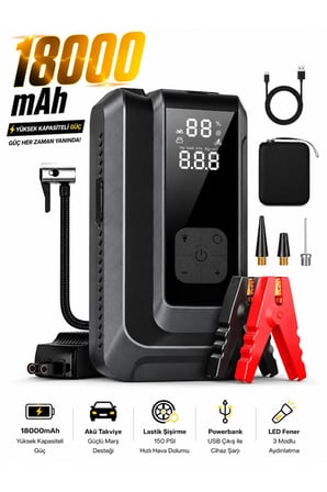 Suitu AT-006 Akü Takviye Cihazı | 18.000mAh 4'ü 1 Arada Powerbank, Hava Kompresörü, LCD Ekran, 150PSI