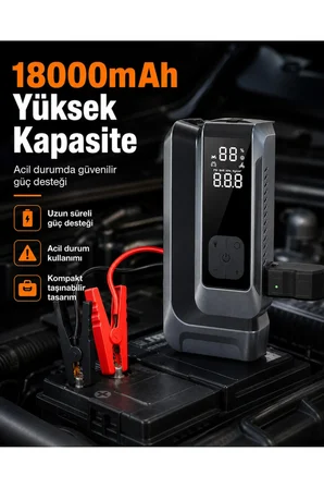 Suitu AT-006 Akü Takviye Cihazı | 18.000mAh 4'ü 1 Arada Powerbank, Hava Kompresörü, LCD Ekran, 150PSI