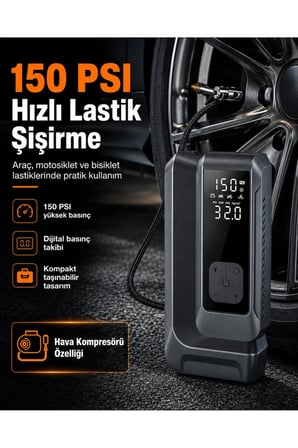 Suitu AT-006 Akü Takviye Cihazı | 18.000mAh 4'ü 1 Arada Powerbank, Hava Kompresörü, LCD Ekran, 150PSI