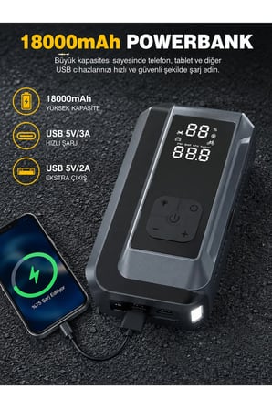 Suitu AT-006 Akü Takviye Cihazı | 18.000mAh 4'ü 1 Arada Powerbank, Hava Kompresörü, LCD Ekran, 150PSI